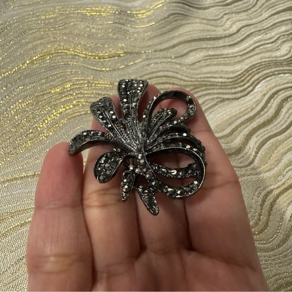 Art Nouveau Black Rhinestone Brooch Silver Tone Abstract Art Deco - Picture 7 of 17